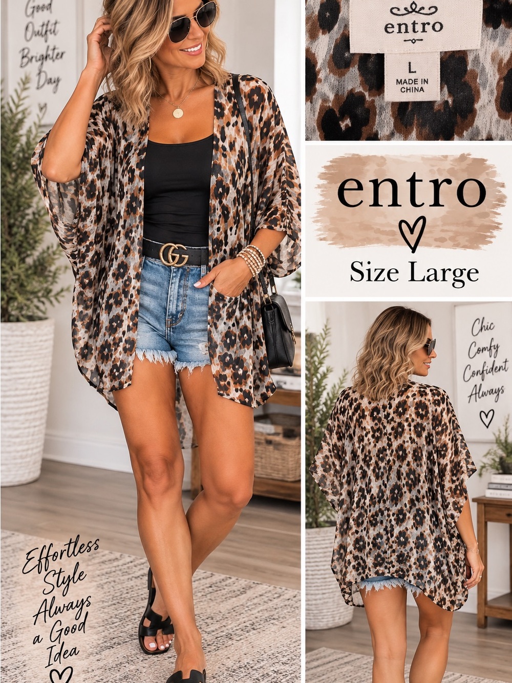 entro Leopard Print Open Front Kimono Cardigan in Brown and Black